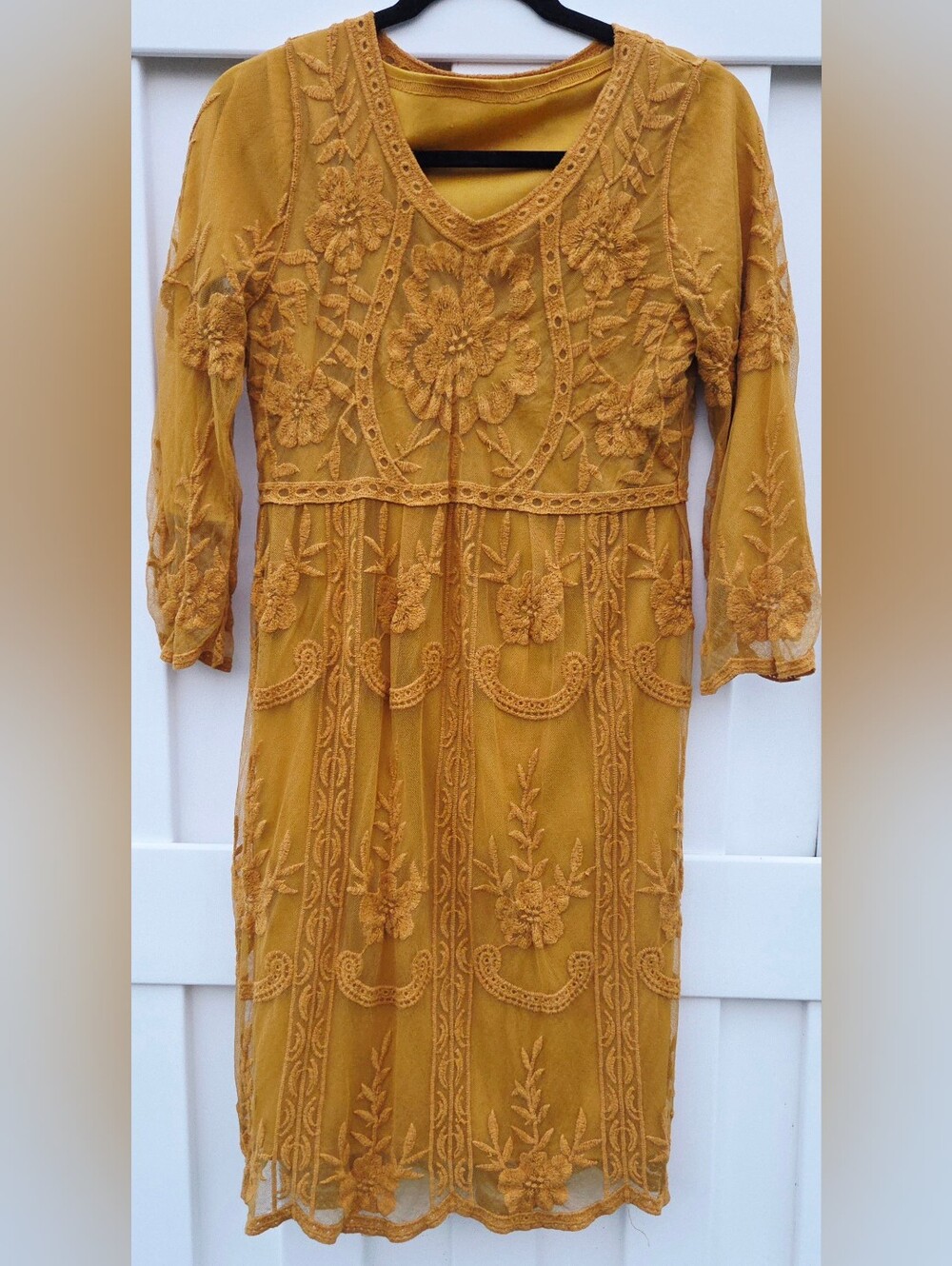 Orange Creek Women's Yellow Embroidered Midi Dress S/M. Fall, Boho, Festival